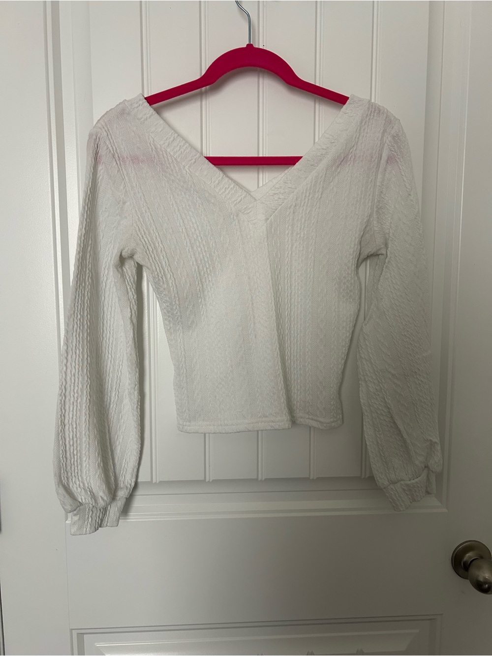 White V-Neck Textured Long Sleeve Top